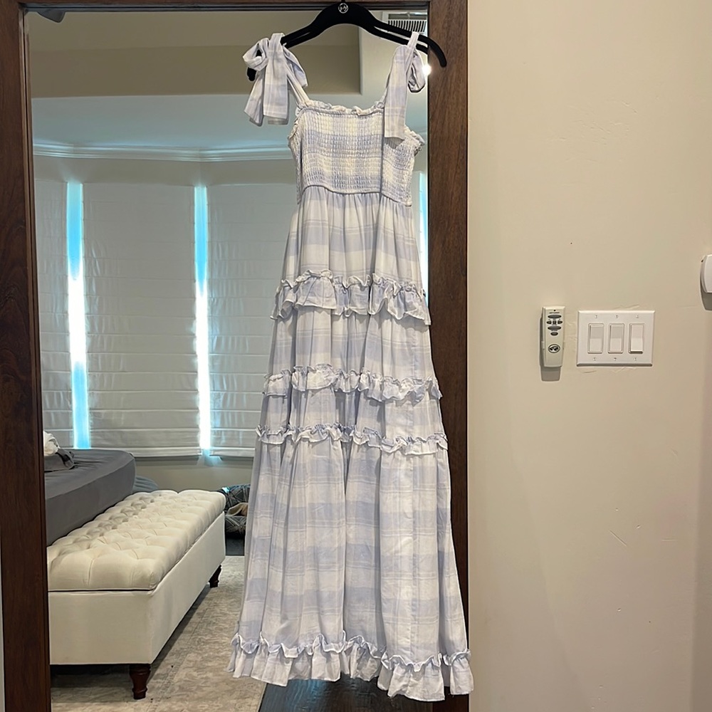 Storia Blue and White Checkered Maxi Dress